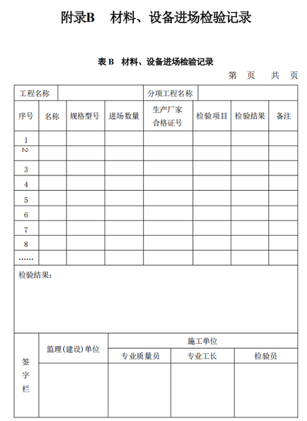 文件:电子工业厂房综合自动化工程技术标准GB51321-2018 表B 材料、设备进场检验记录.png