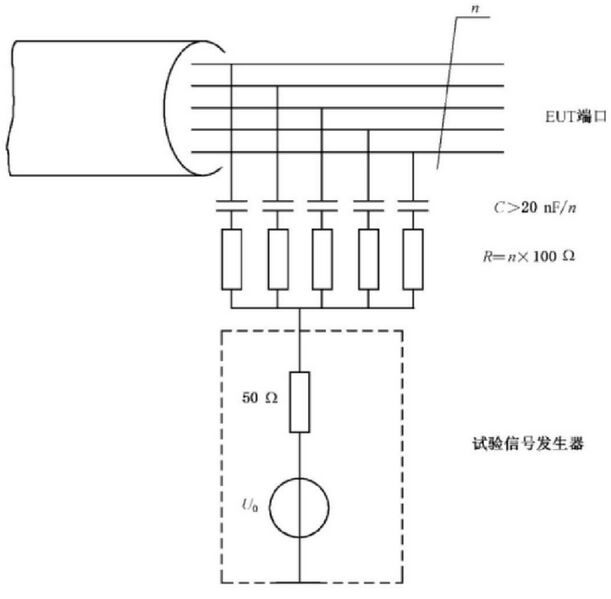 文件:电磁兼容 试验和测量技术 射频场感应的传导骚扰抗扰度 GB 17626.6-2017 图4续 CDN 法耦合到非屏蔽电缆的原理图.jpeg